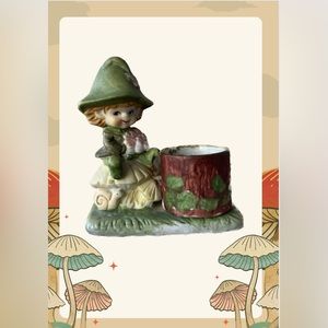 Vintage JASCO 1978 Elf Gnome on Mushroom Candle Holder / Planter Sittin' Pretty